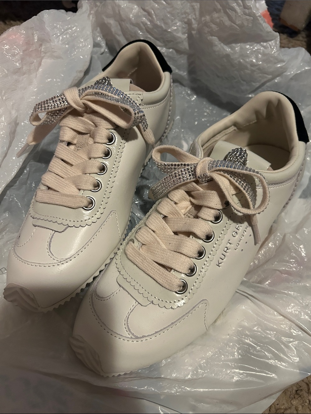 Kurt Geiger Cream Rhinestone-Embellished Lace-Up Sneakers